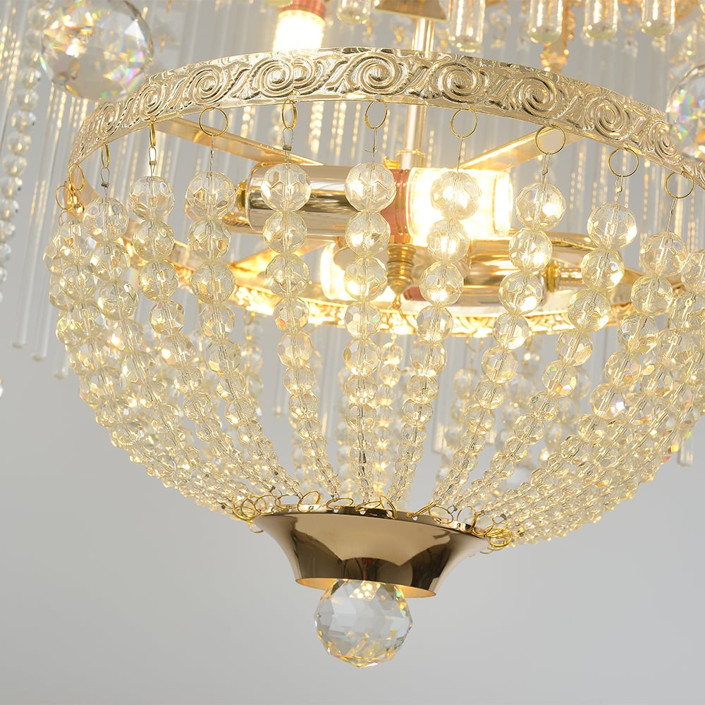 HMR - Glam 7-Light Crystal Tiered Beaded Chandelier Pendant Light in Gold for Living Room