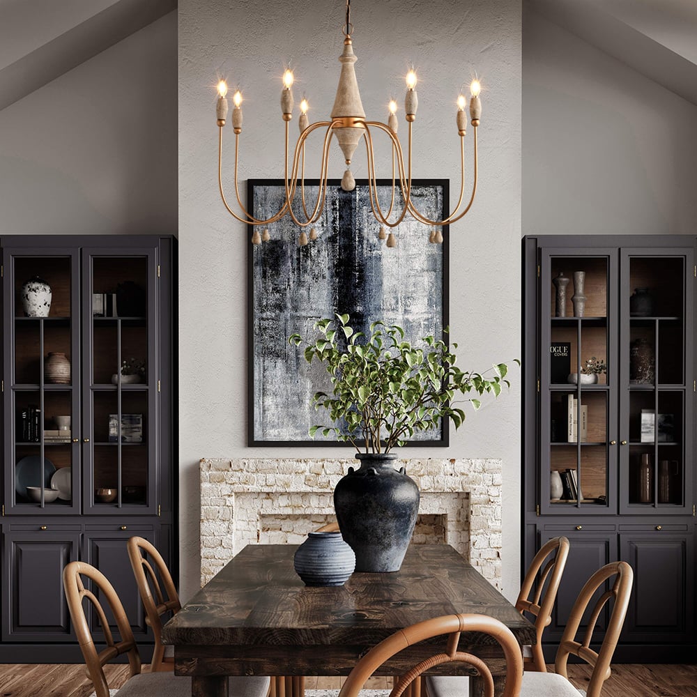 HMR - Mid Century Modern Farmhouse 8-Light Candle-Style Chandelier Wood Pendant Light in Gold