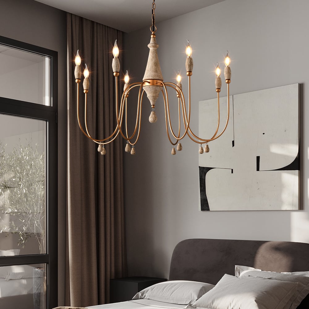 HMR - Mid Century Modern Farmhouse 8-Light Candle-Style Chandelier Wood Pendant Light in Gold