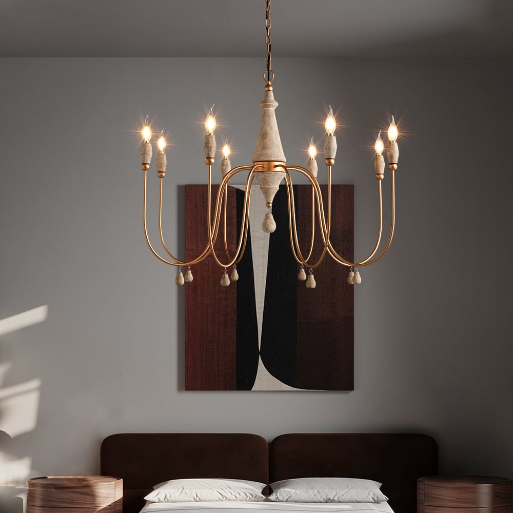 HMR - Mid Century Modern Farmhouse 8-Light Candle-Style Chandelier Wood Pendant Light in Gold