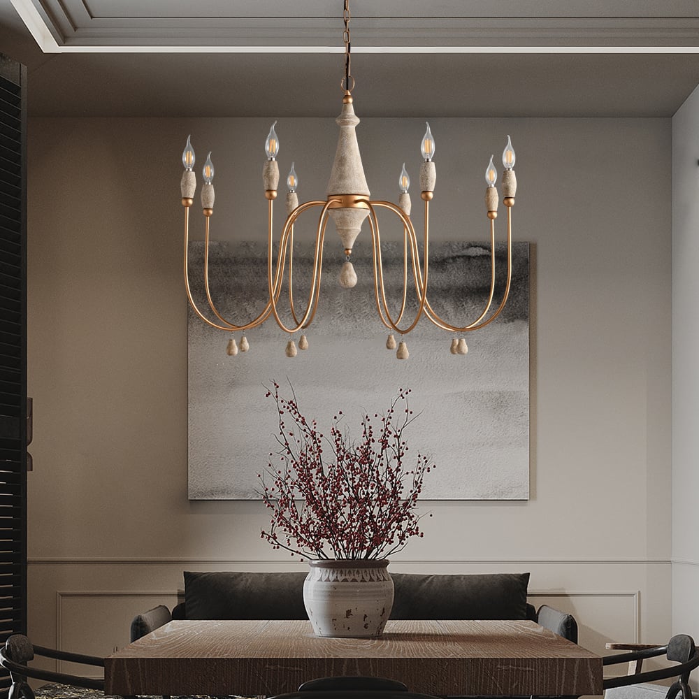 HMR - Mid Century Modern Farmhouse 8-Light Candle-Style Chandelier Wood Pendant Light in Gold