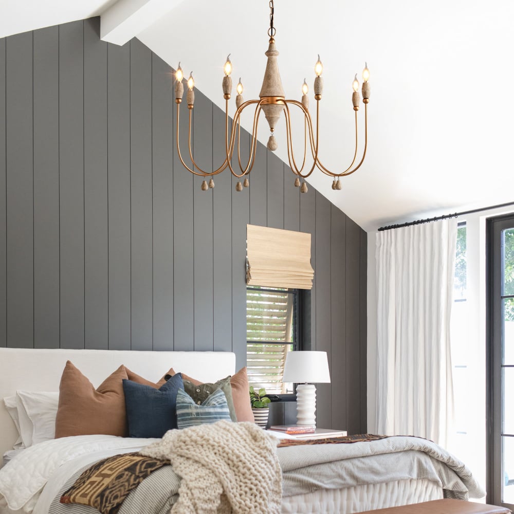 HMR - Mid Century Modern Farmhouse 8-Light Candle-Style Chandelier Wood Pendant Light in Gold