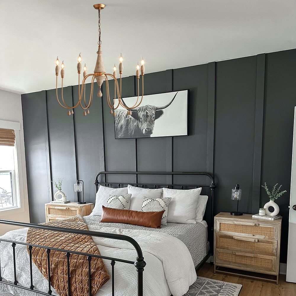 HMR - Mid Century Modern Farmhouse 8-Light Candle-Style Chandelier Wood Pendant Light in Gold