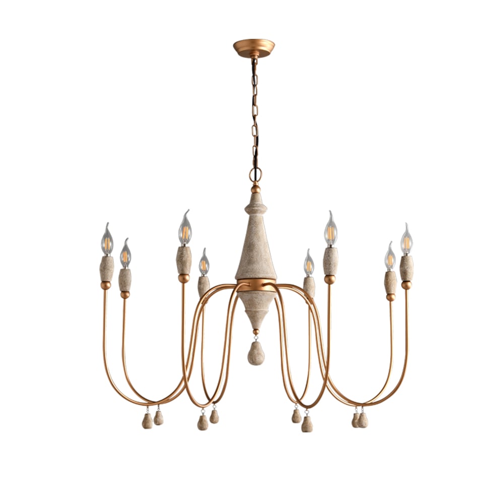 HMR - Mid Century Modern Farmhouse 8-Light Candle-Style Chandelier Wood Pendant Light in Gold