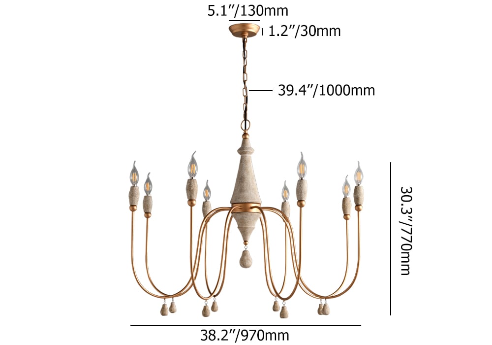 HMR - Mid Century Modern Farmhouse 8-Light Candle-Style Chandelier Wood Pendant Light in Gold