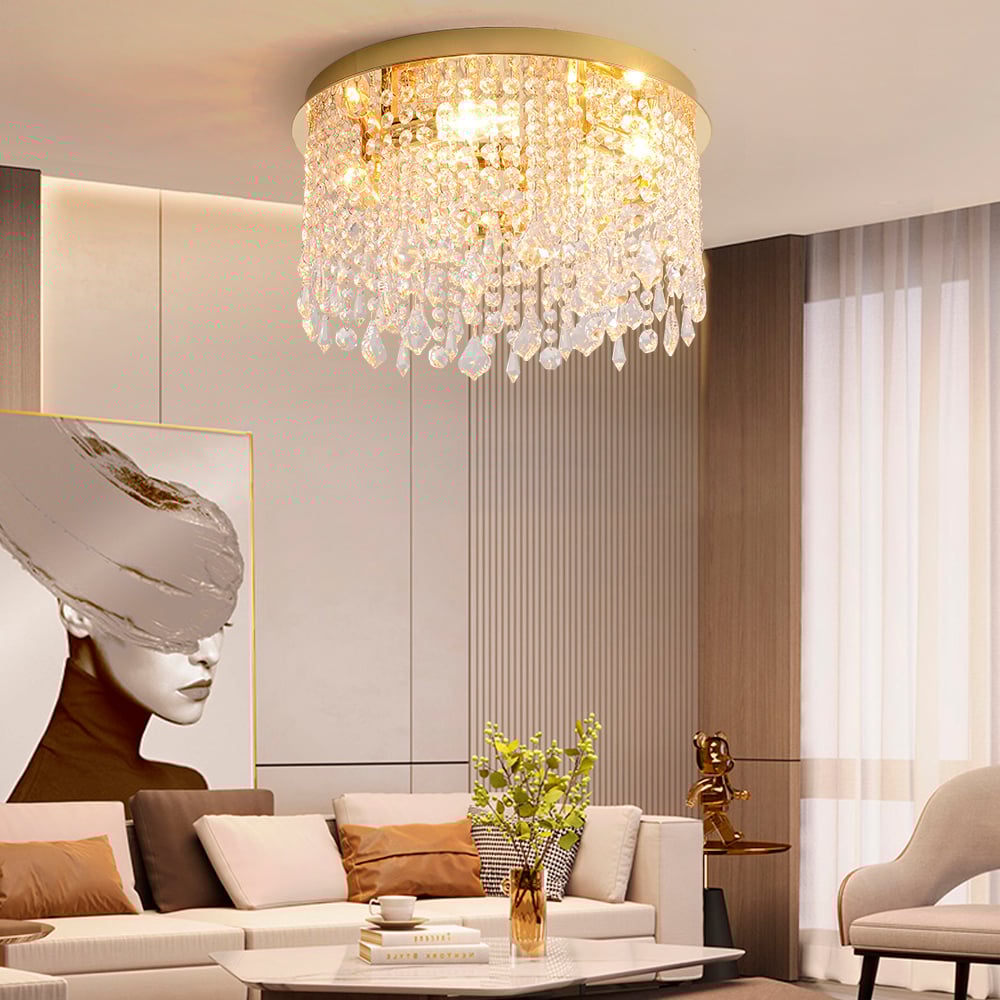 HMR - Glam Crystal Flush Mount Chandelier LED Round Ceiling Light in Gold for Living Room
