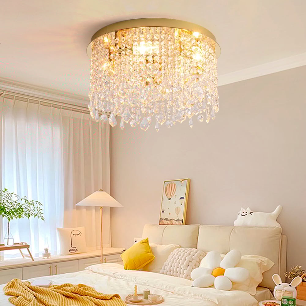 HMR - Glam Crystal Flush Mount Chandelier LED Round Ceiling Light in Gold for Living Room
