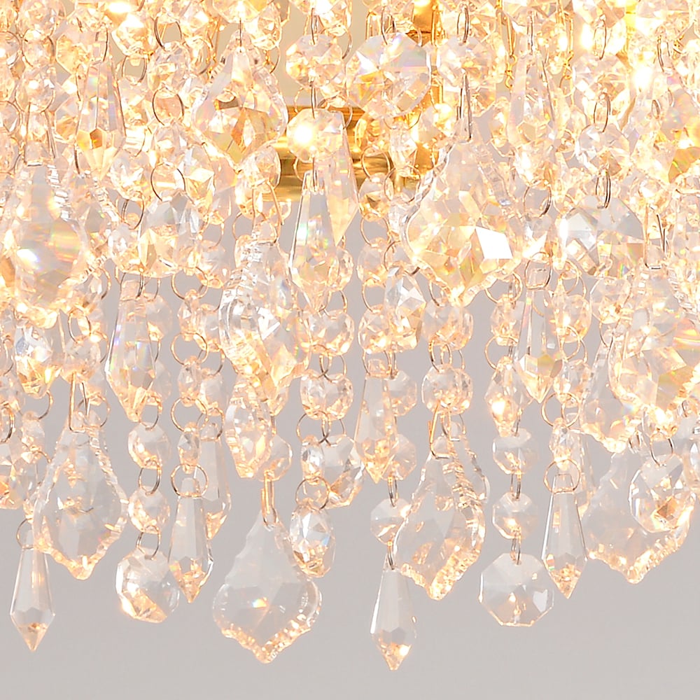 HMR - Glam Crystal Flush Mount Chandelier LED Round Ceiling Light in Gold for Living Room