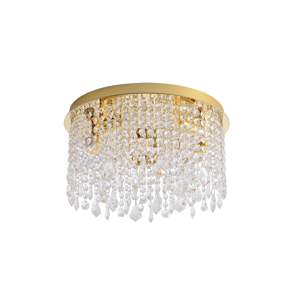 HMR - Glam Crystal Flush Mount Chandelier LED Round Ceiling Light in Gold for Living Room