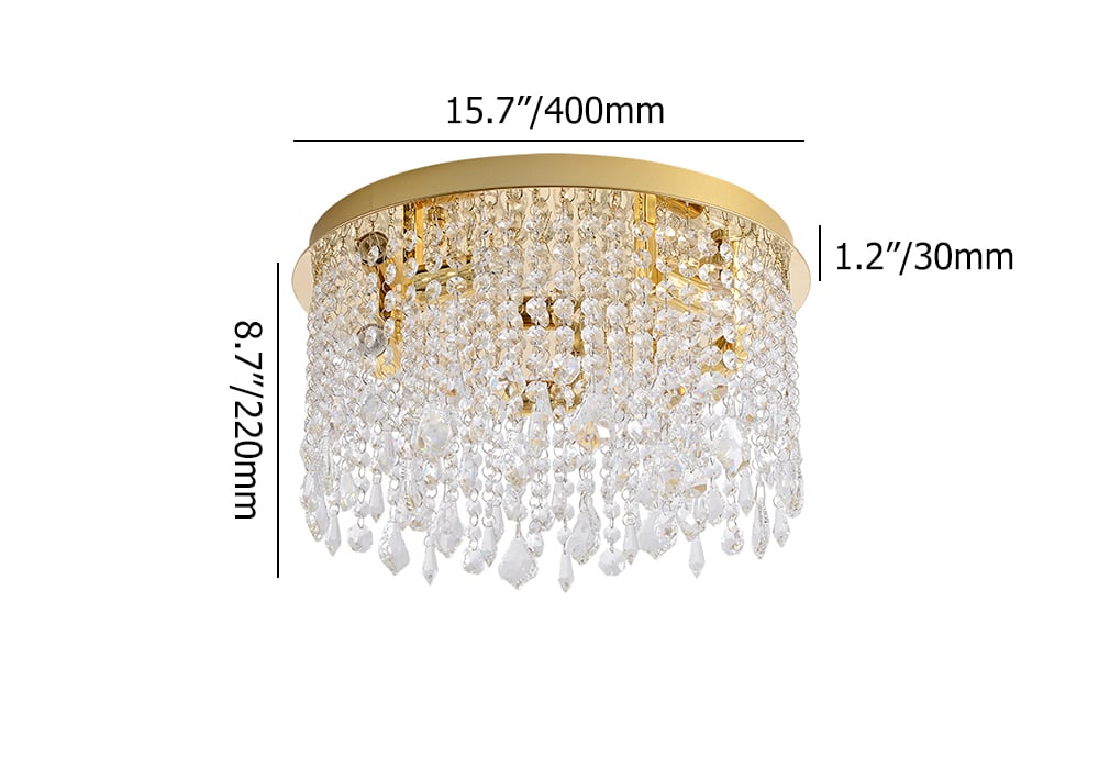 HMR - Glam Crystal Flush Mount Chandelier LED Round Ceiling Light in Gold for Living Room