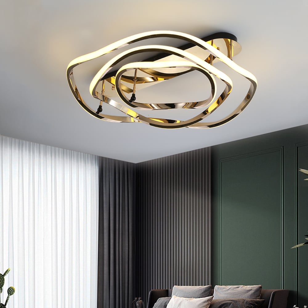 HMR - Modern Gold LED Geometric Semi Flush Mount Light Wavy Design Metal