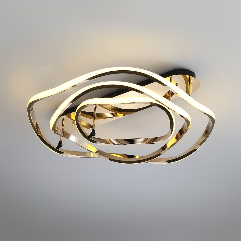 HMR - Modern Gold LED Geometric Semi Flush Mount Light Wavy Design Metal