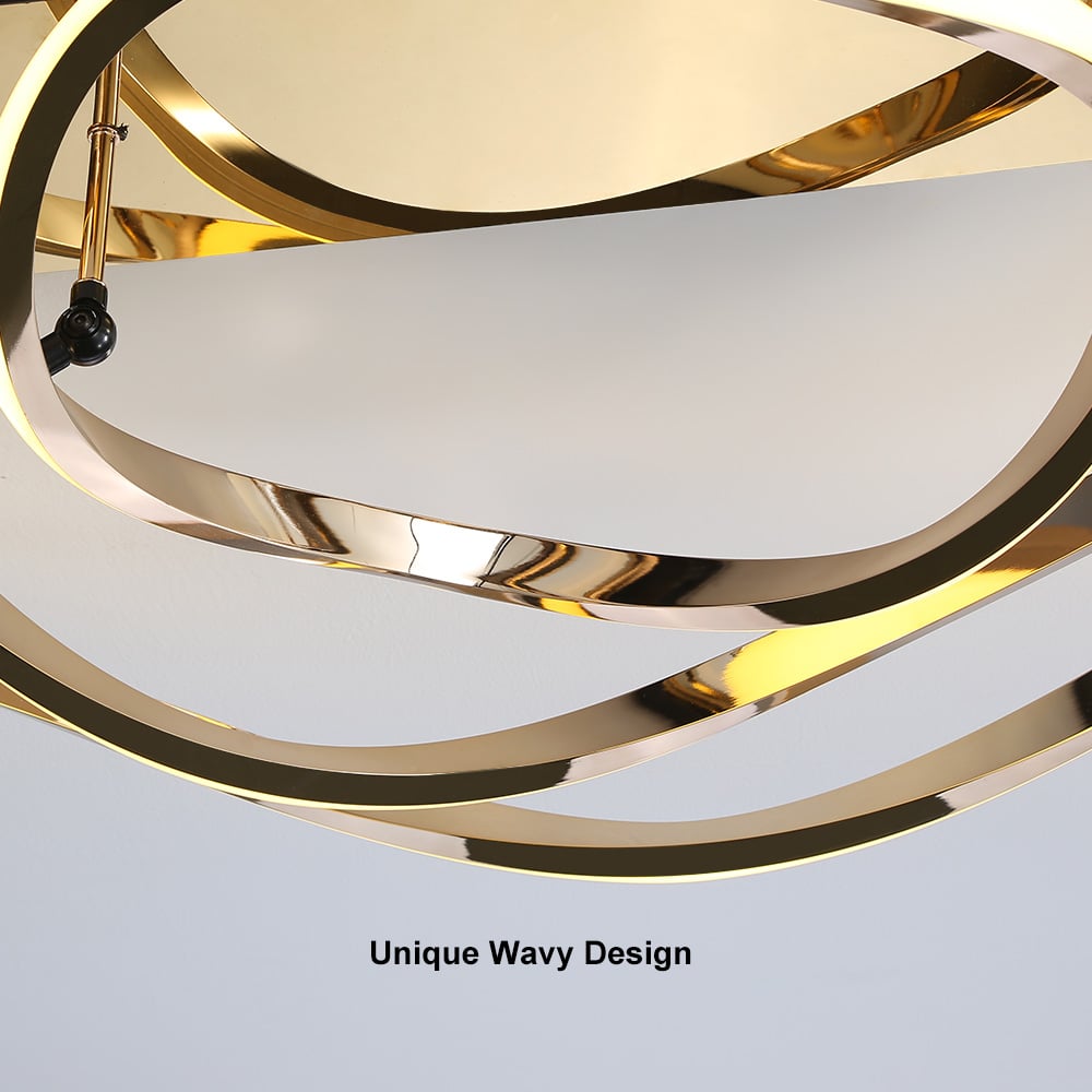 HMR - Modern Gold LED Geometric Semi Flush Mount Light Wavy Design Metal