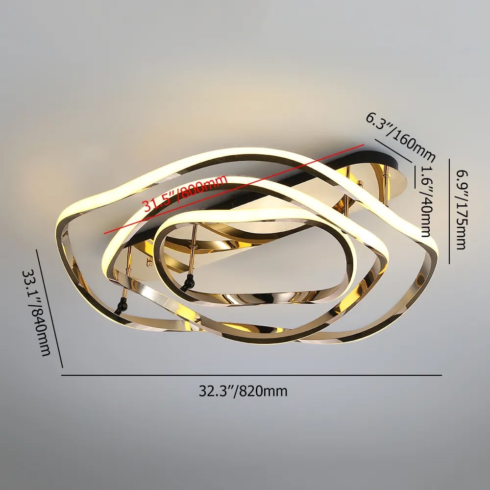 HMR - Modern Gold LED Geometric Semi Flush Mount Light Wavy Design Metal