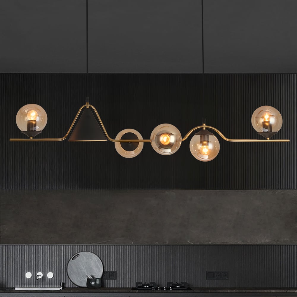 HMR - 6-Light Gold & Black Geometric Rectangular Kitchen Island Light Globe Ceiling Light
