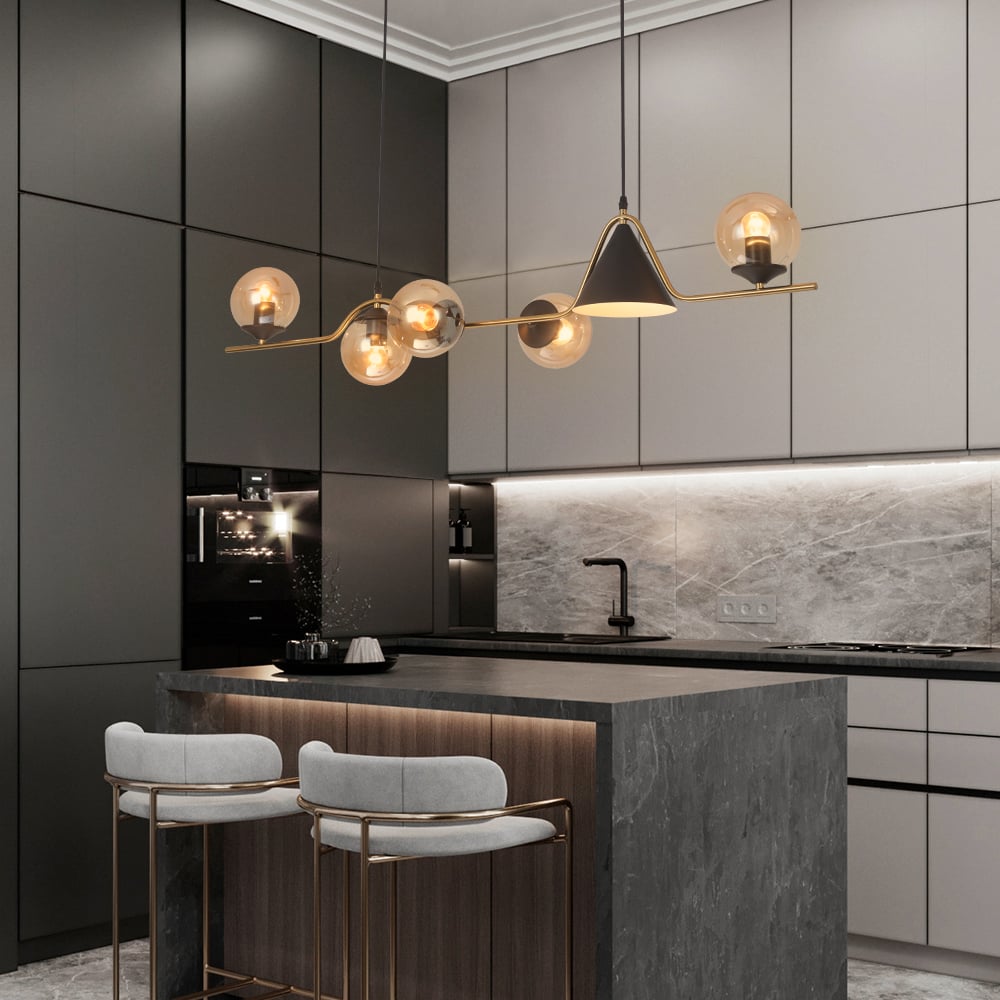 HMR - 6-Light Gold & Black Geometric Rectangular Kitchen Island Light Globe Ceiling Light