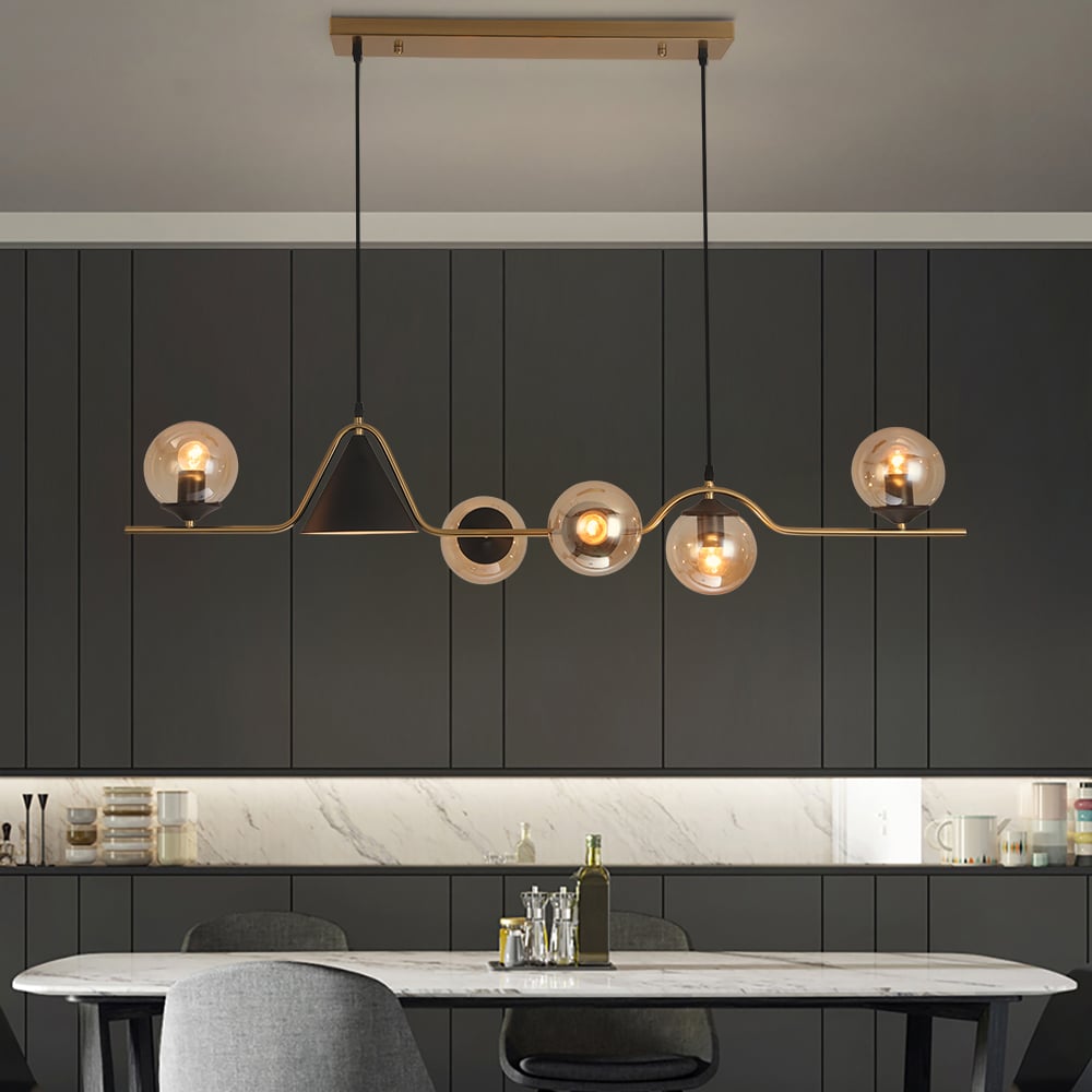 HMR - 6-Light Gold & Black Geometric Rectangular Kitchen Island Light Globe Ceiling Light