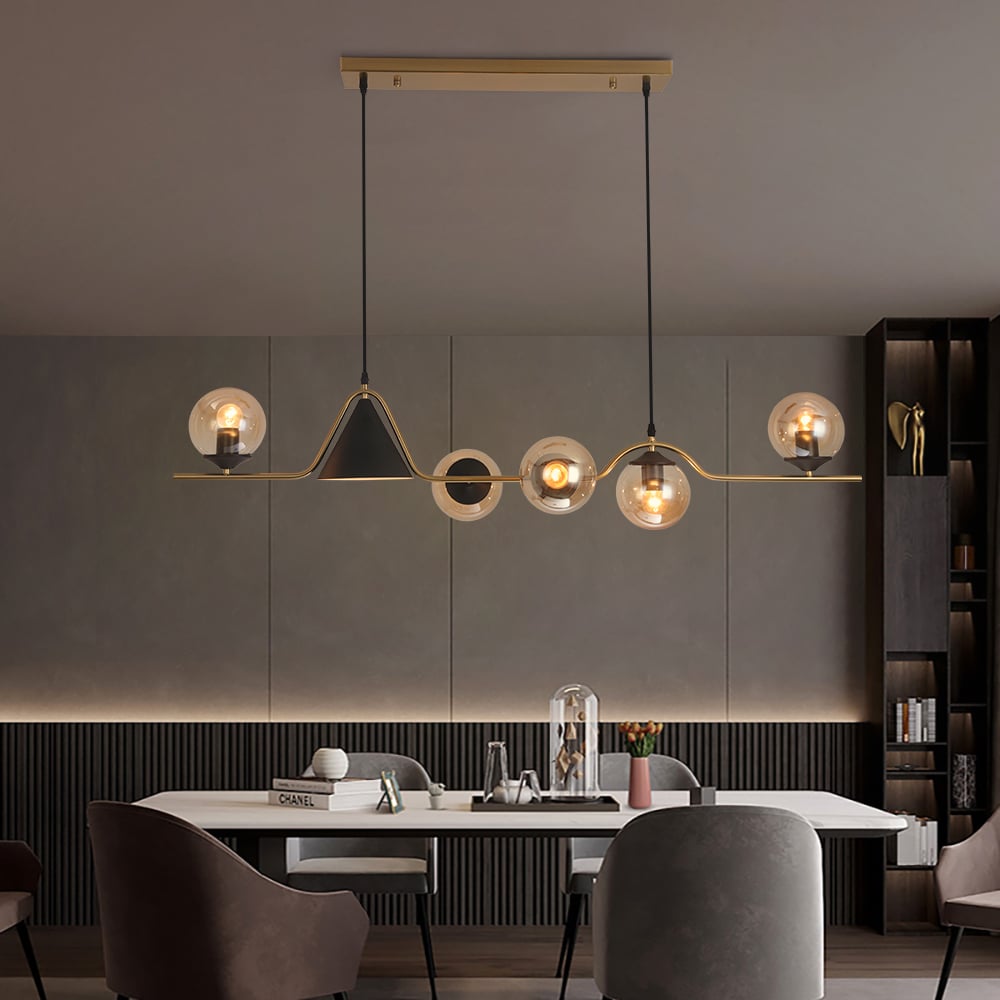 HMR - 6-Light Gold & Black Geometric Rectangular Kitchen Island Light Globe Ceiling Light