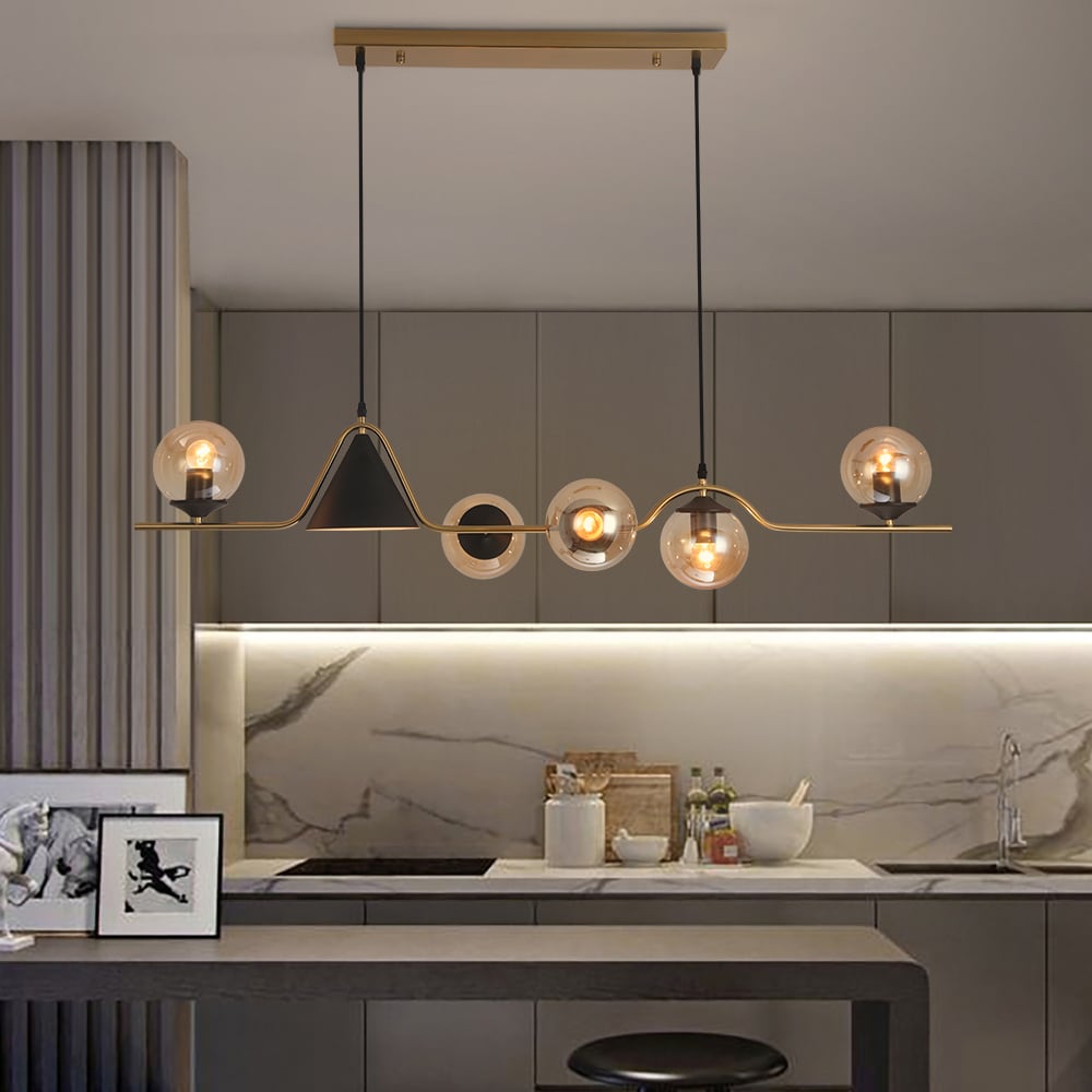 HMR - 6-Light Gold & Black Geometric Rectangular Kitchen Island Light Globe Ceiling Light