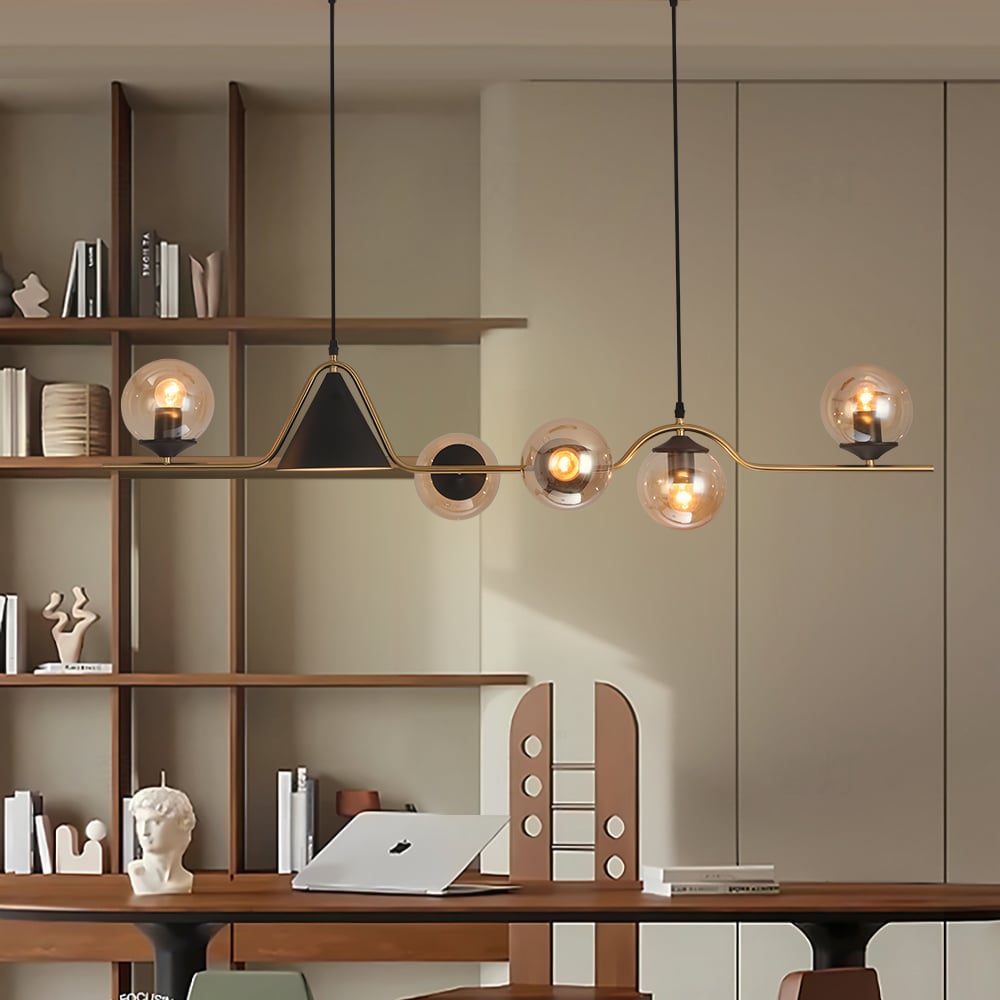 HMR - 6-Light Gold & Black Geometric Rectangular Kitchen Island Light Globe Ceiling Light
