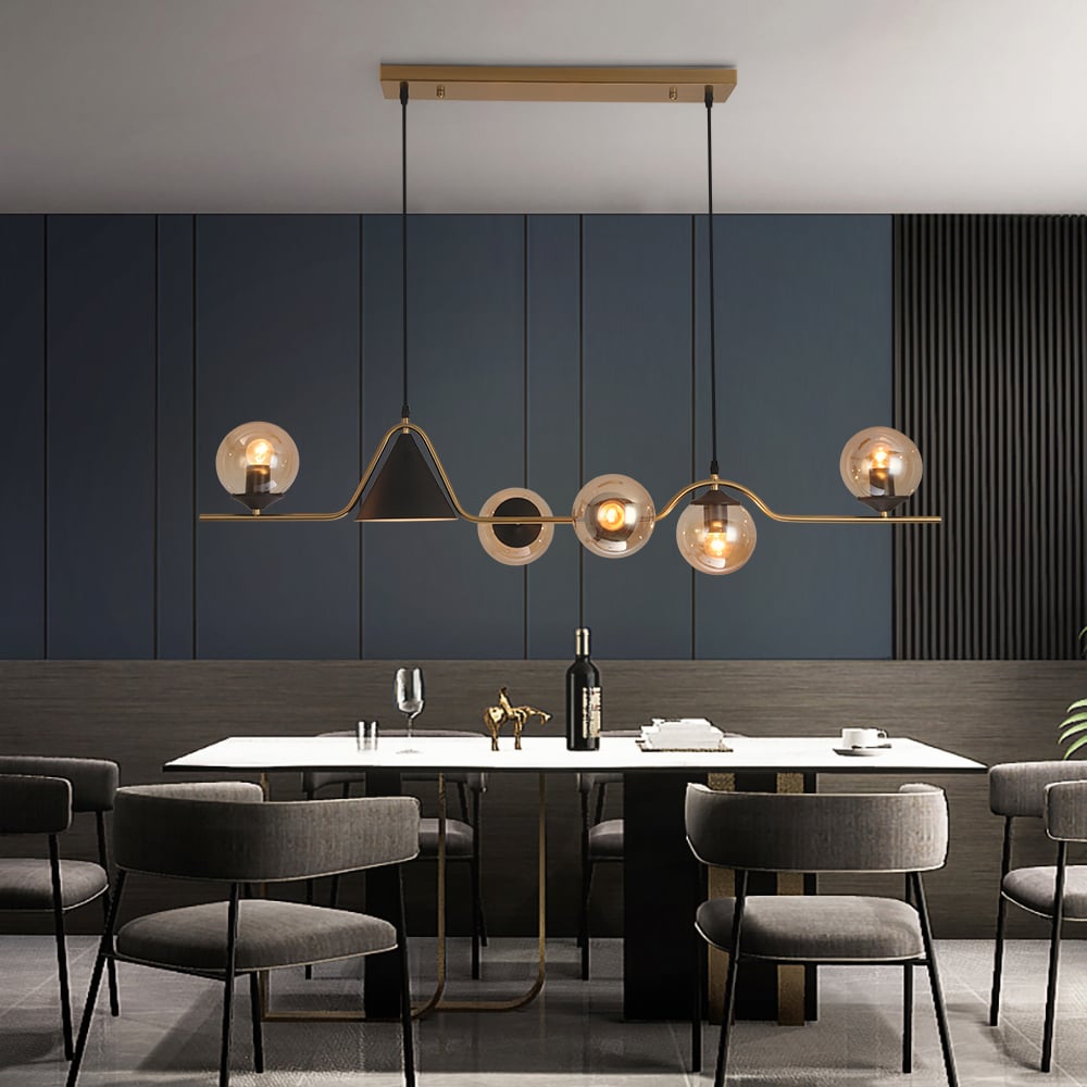HMR - 6-Light Gold & Black Geometric Rectangular Kitchen Island Light Globe Ceiling Light