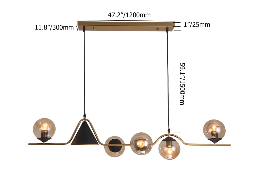 HMR - 6-Light Gold & Black Geometric Rectangular Kitchen Island Light Globe Ceiling Light