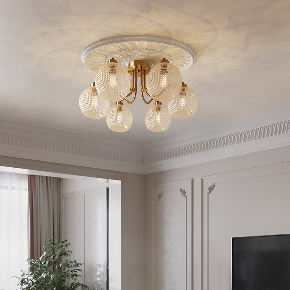 HMR - Retro Gold 6-Bulb Clear Glass Shade Chandelier Globe Semi Flush Mount Ceiling Light