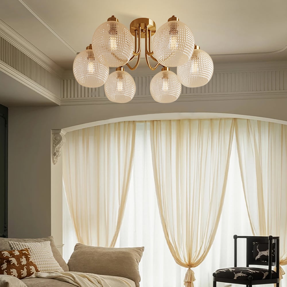 HMR - Retro Gold 6-Bulb Clear Glass Shade Chandelier Globe Semi Flush Mount Ceiling Light