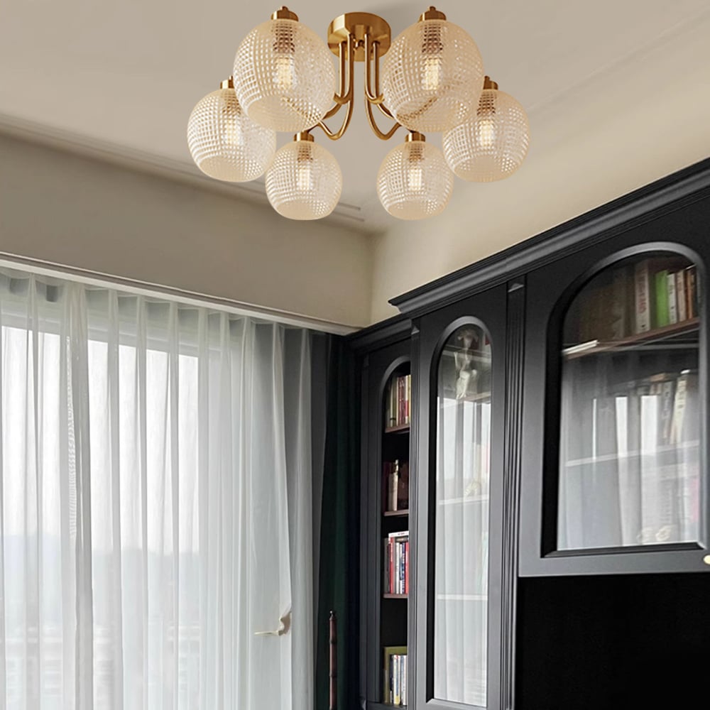 HMR - Retro Gold 6-Bulb Clear Glass Shade Chandelier Globe Semi Flush Mount Ceiling Light