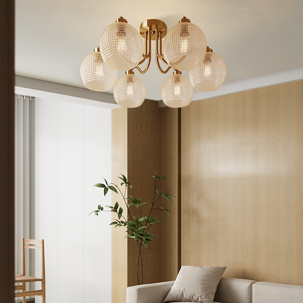 HMR - Retro Gold 6-Bulb Clear Glass Shade Chandelier Globe Semi Flush Mount Ceiling Light