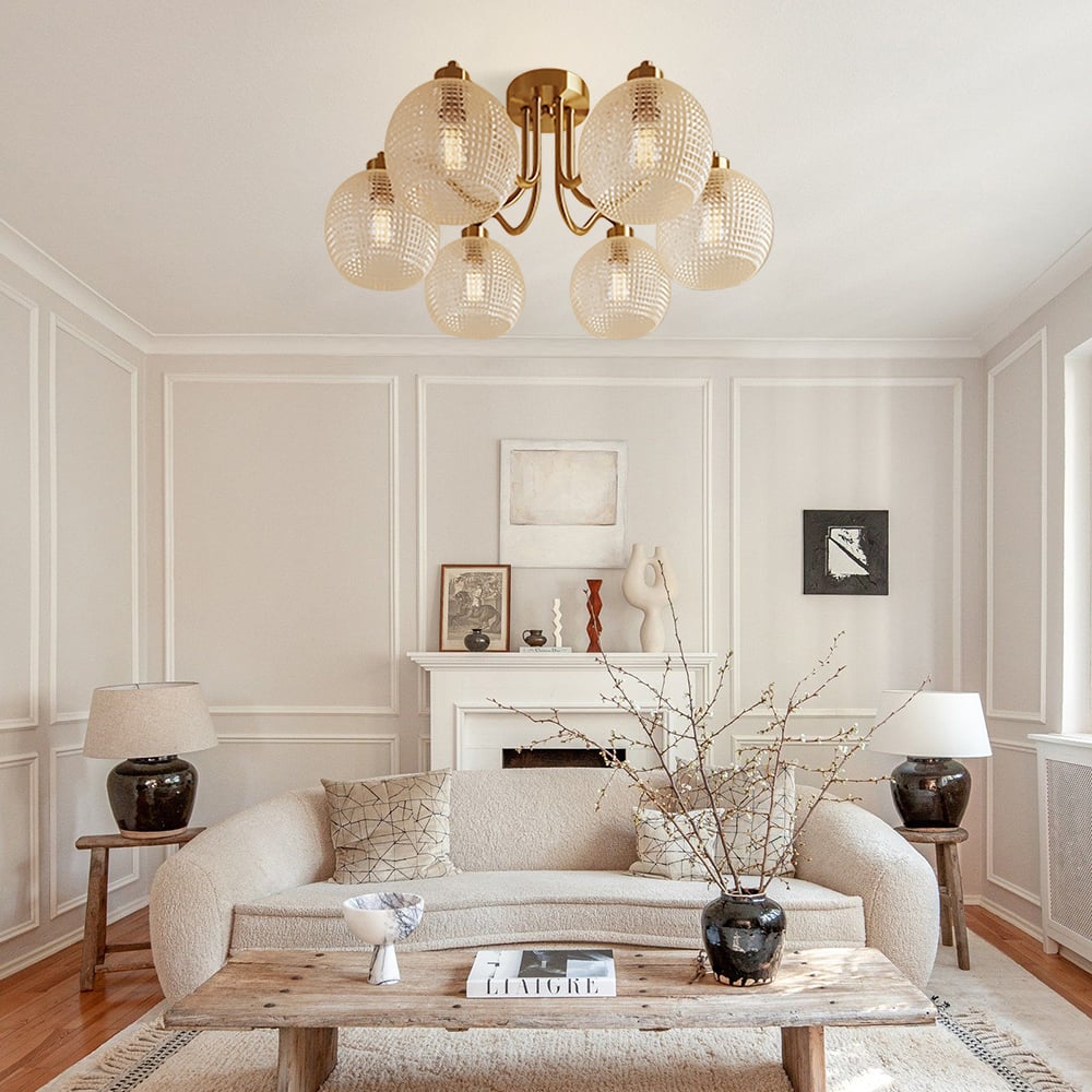HMR - Retro Gold 6-Bulb Clear Glass Shade Chandelier Globe Semi Flush Mount Ceiling Light
