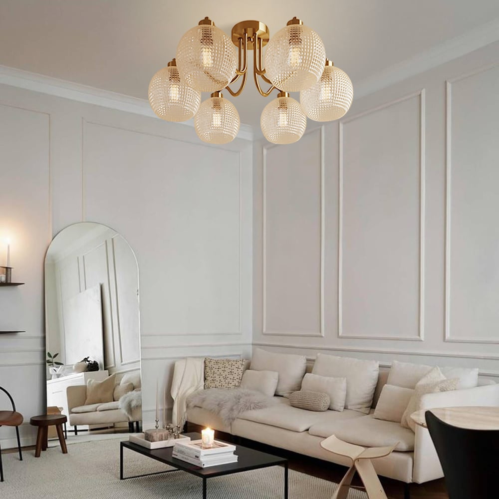 HMR - Retro Gold 6-Bulb Clear Glass Shade Chandelier Globe Semi Flush Mount Ceiling Light