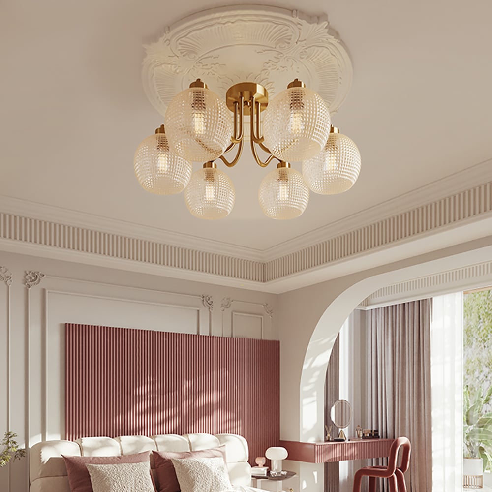 HMR - Retro Gold 6-Bulb Clear Glass Shade Chandelier Globe Semi Flush Mount Ceiling Light