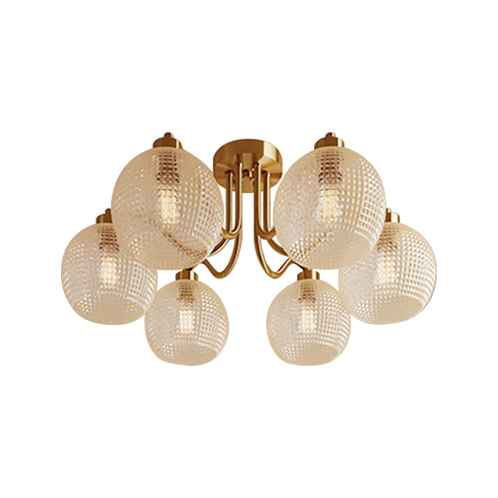 HMR - Retro Gold 6-Bulb Clear Glass Shade Chandelier Globe Semi Flush Mount Ceiling Light