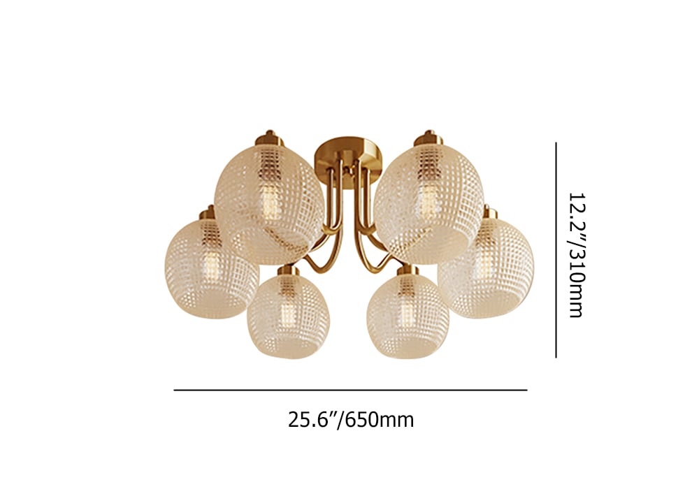 HMR - Retro Gold 6-Bulb Clear Glass Shade Chandelier Globe Semi Flush Mount Ceiling Light