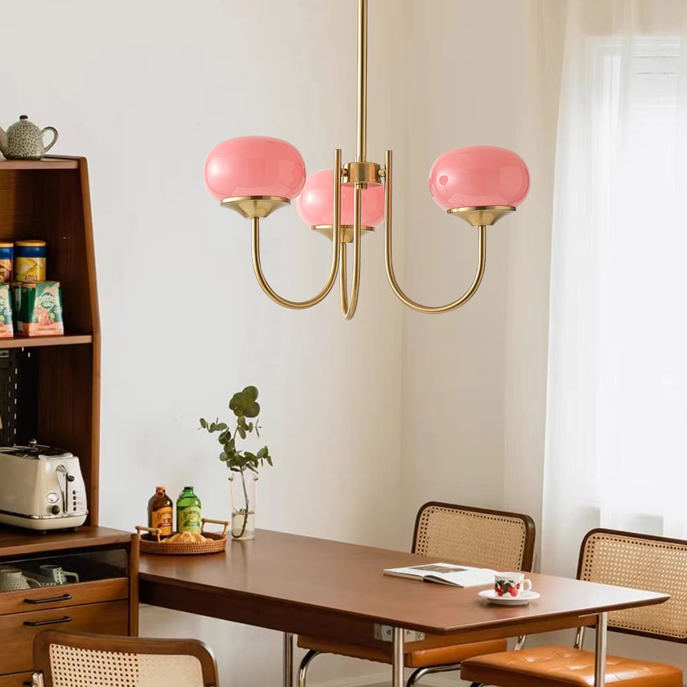 HMR - 3-Light Modern Gold Chandelier Pendant Light with Pink Glass Globe Lamp Shade Decor