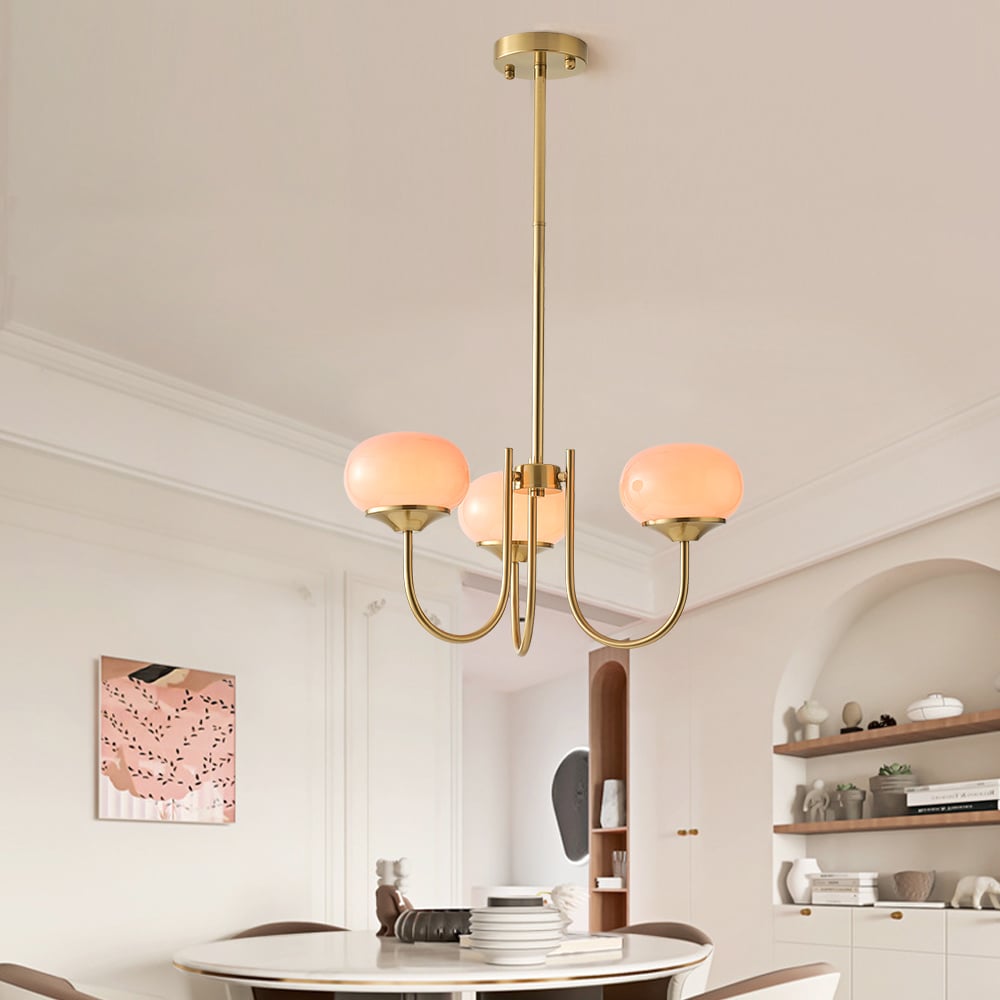 HMR - 3-Light Modern Gold Chandelier Pendant Light with Pink Glass Globe Lamp Shade Decor