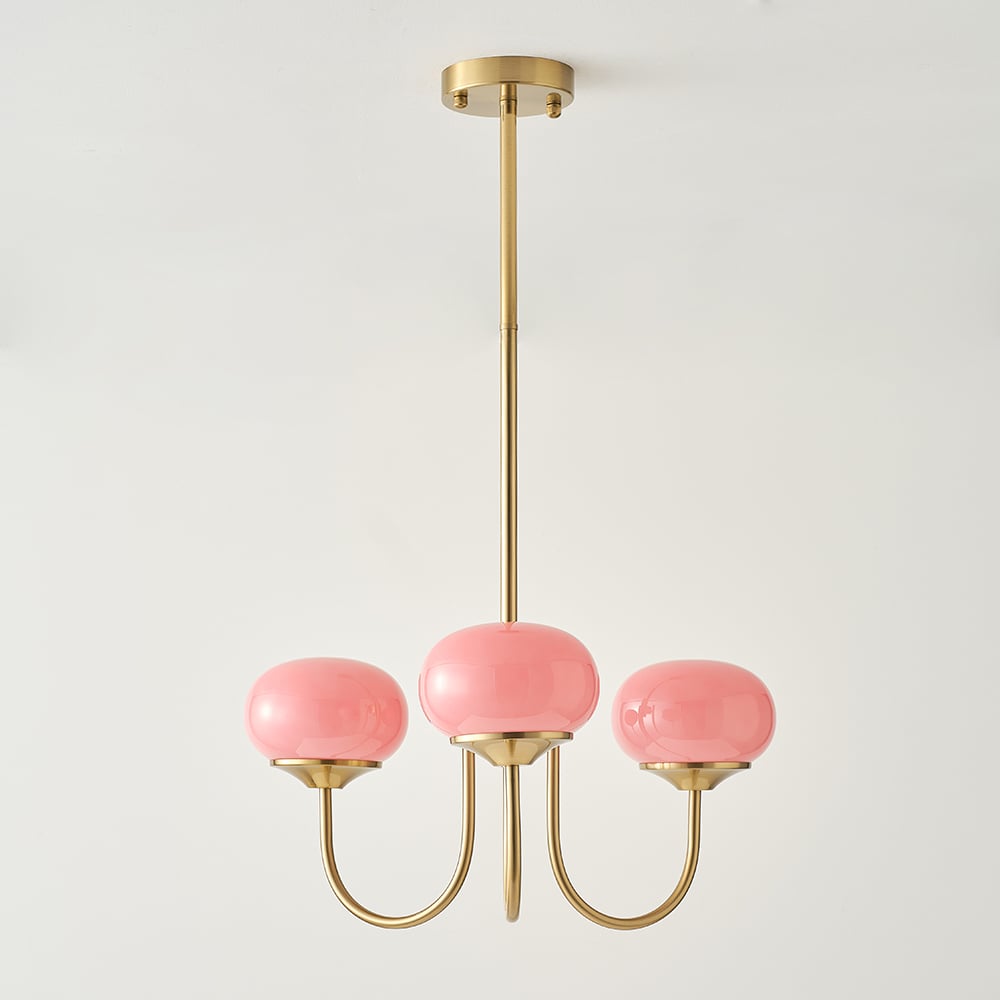 HMR - 3-Light Modern Gold Chandelier Pendant Light with Pink Glass Globe Lamp Shade Decor