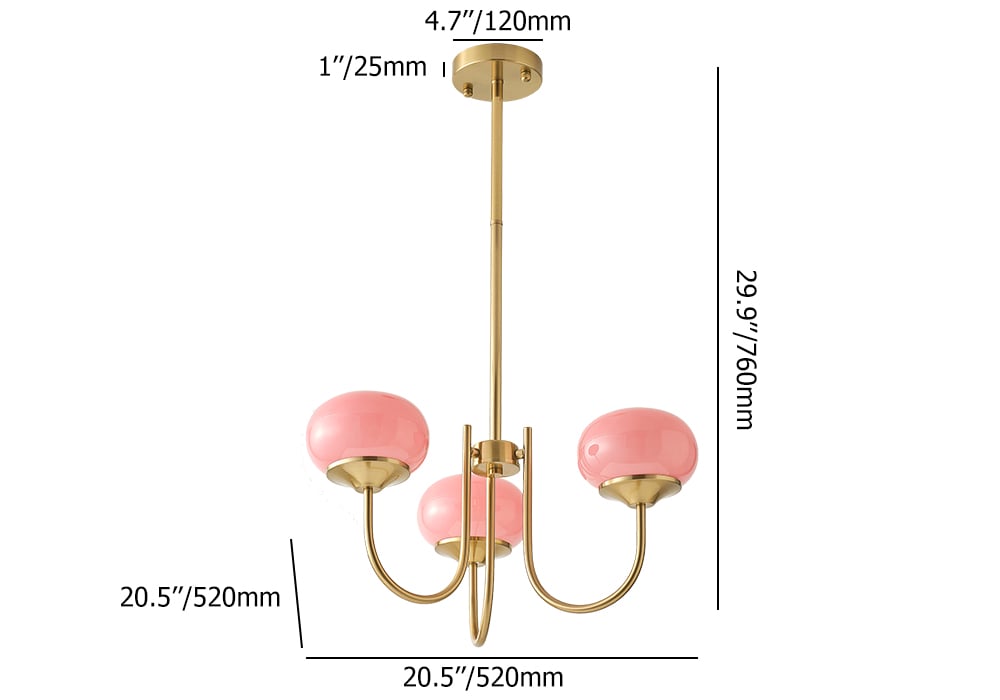 HMR - 3-Light Modern Gold Chandelier Pendant Light with Pink Glass Globe Lamp Shade Decor