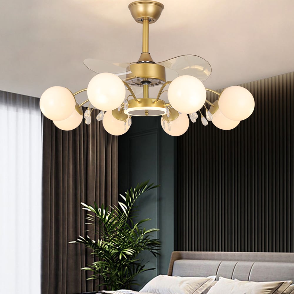 HMR - 9-Light Gold Chandelier Bladeless Ceiling Fans with Light in Glass Shade Remote Control