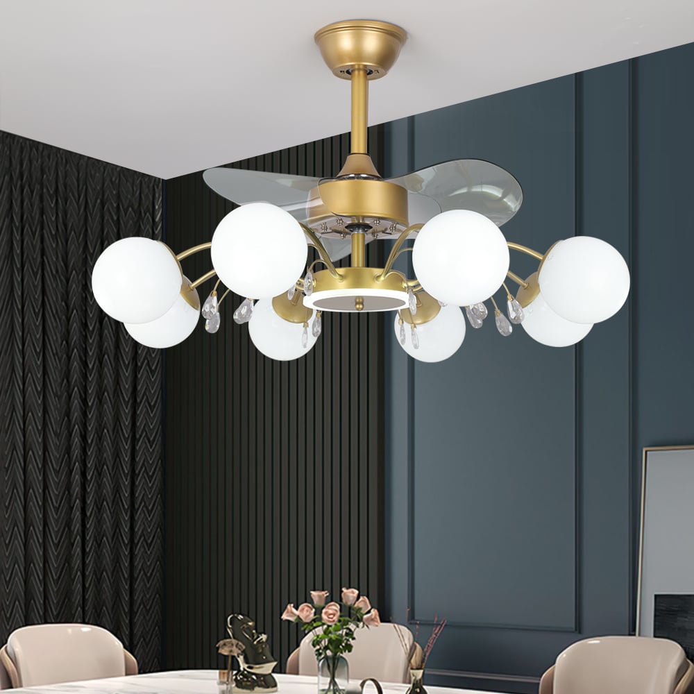 HMR - 9-Light Gold Chandelier Bladeless Ceiling Fans with Light in Glass Shade Remote Control