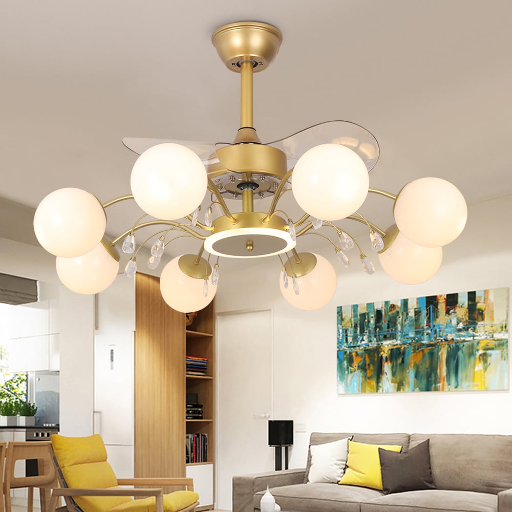HMR - 9-Light Gold Chandelier Bladeless Ceiling Fans with Light in Glass Shade Remote Control