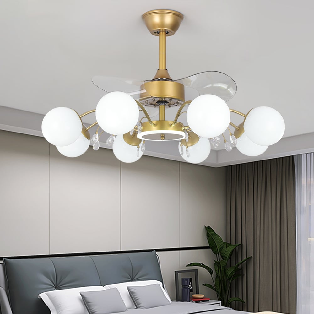 HMR - 9-Light Gold Chandelier Bladeless Ceiling Fans with Light in Glass Shade Remote Control