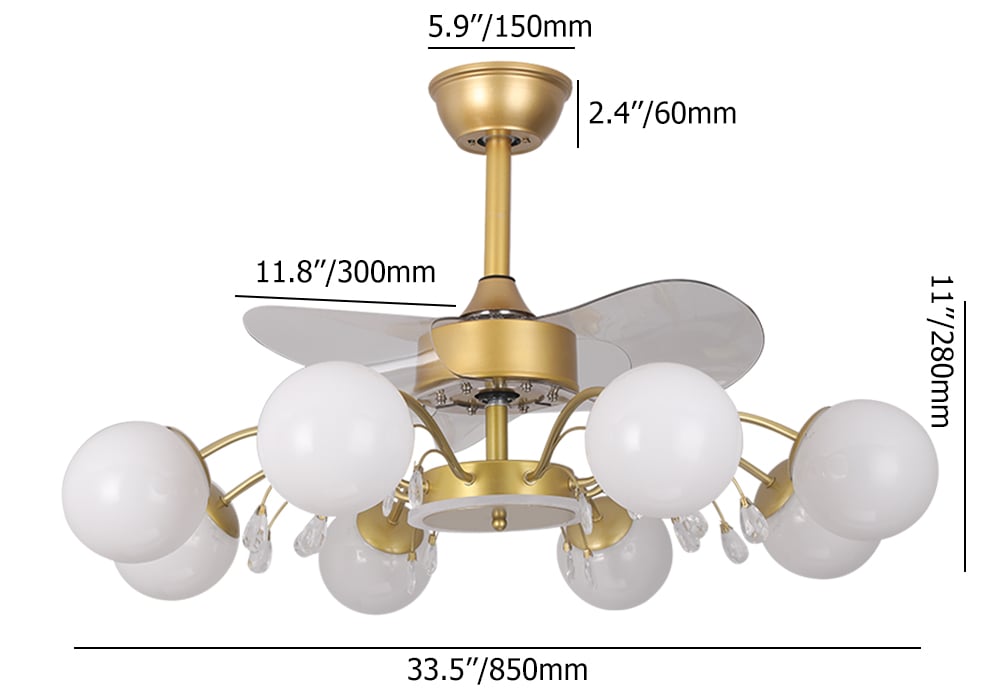 HMR - 9-Light Gold Chandelier Bladeless Ceiling Fans with Light in Glass Shade Remote Control