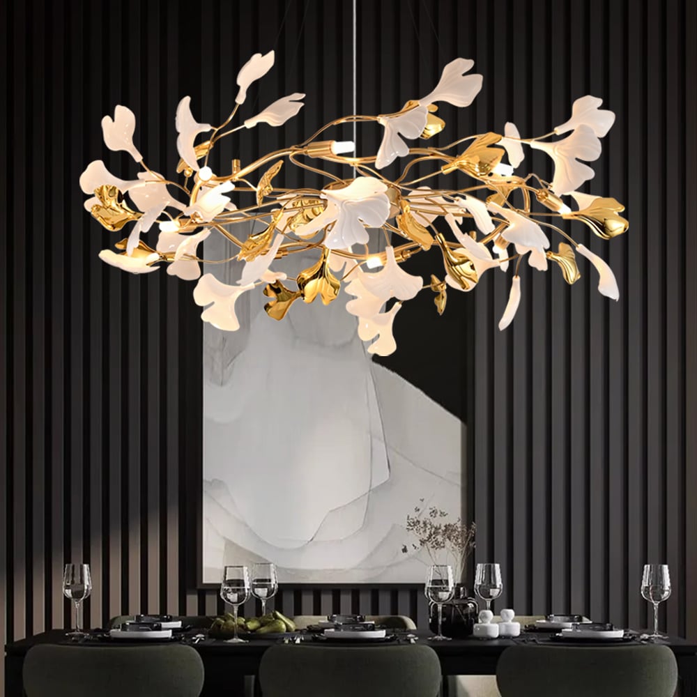 HMR - Martly 8-Light Art Deco Ginkgo Leaves Chandelier White & Gold Metal Ceiling Light