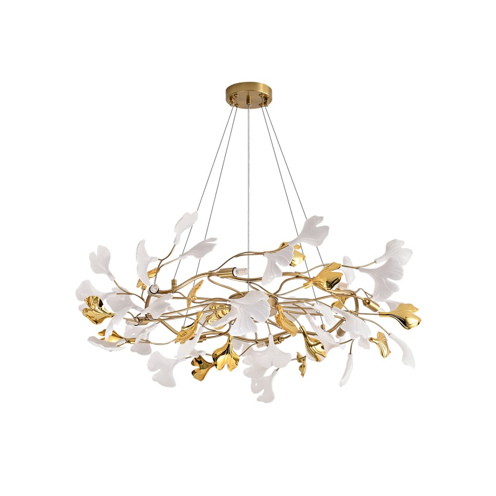 HMR - Martly 8-Light Art Deco Ginkgo Leaves Chandelier White & Gold Metal Ceiling Light