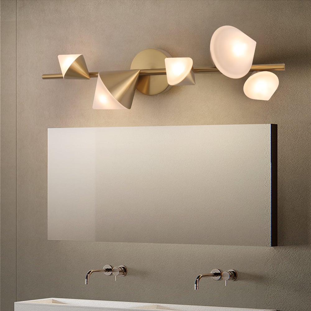 HMR - 5-Light Modern Gold Bathroom Vanity LED Wall Light Fixtures with White Shade