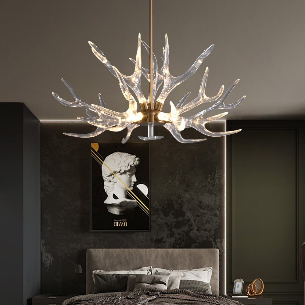 HMR - 9-Light Resin Deer Horn Antler Ceiling Chandelier Lighting in Gold