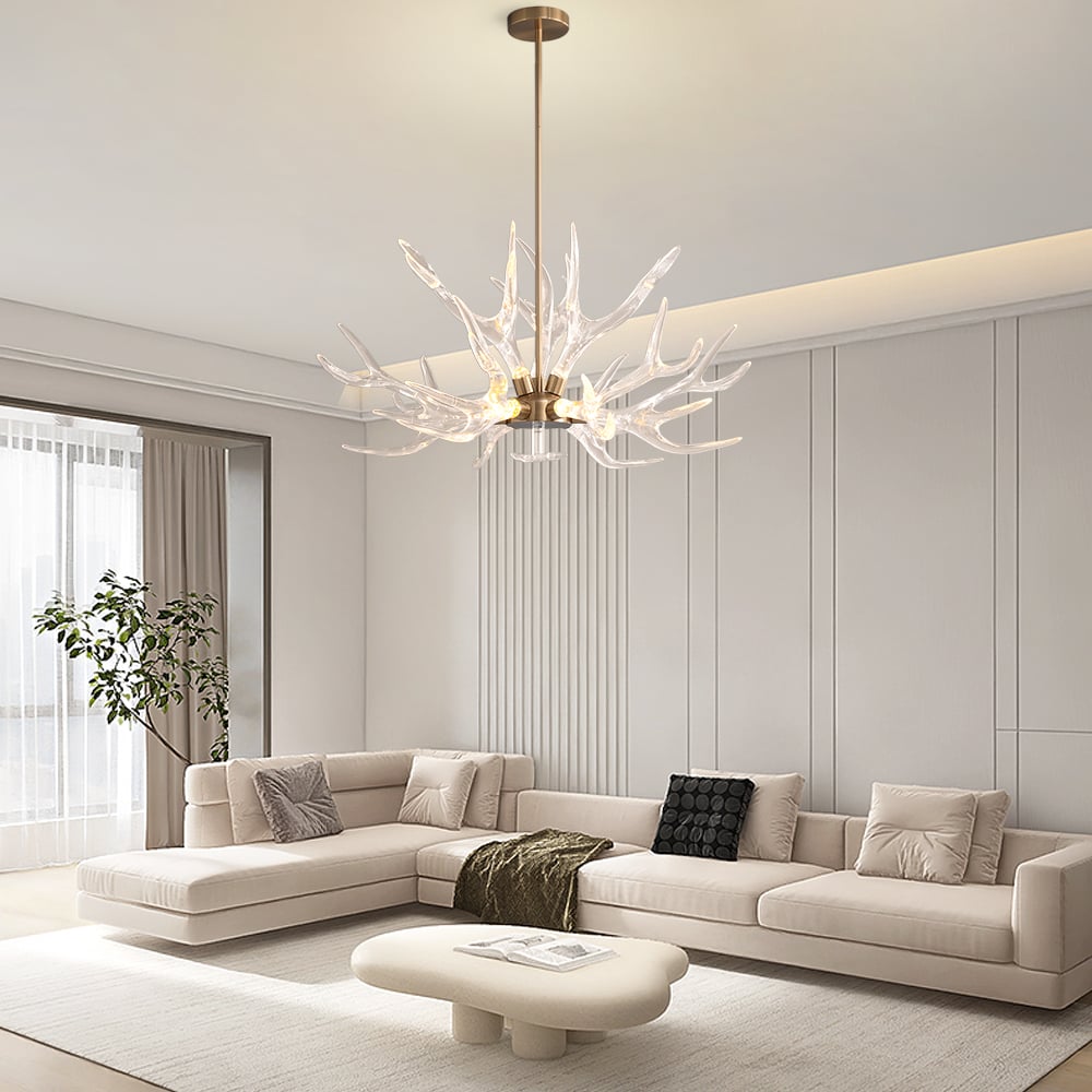 HMR - 9-Light Resin Deer Horn Antler Ceiling Chandelier Lighting in Gold