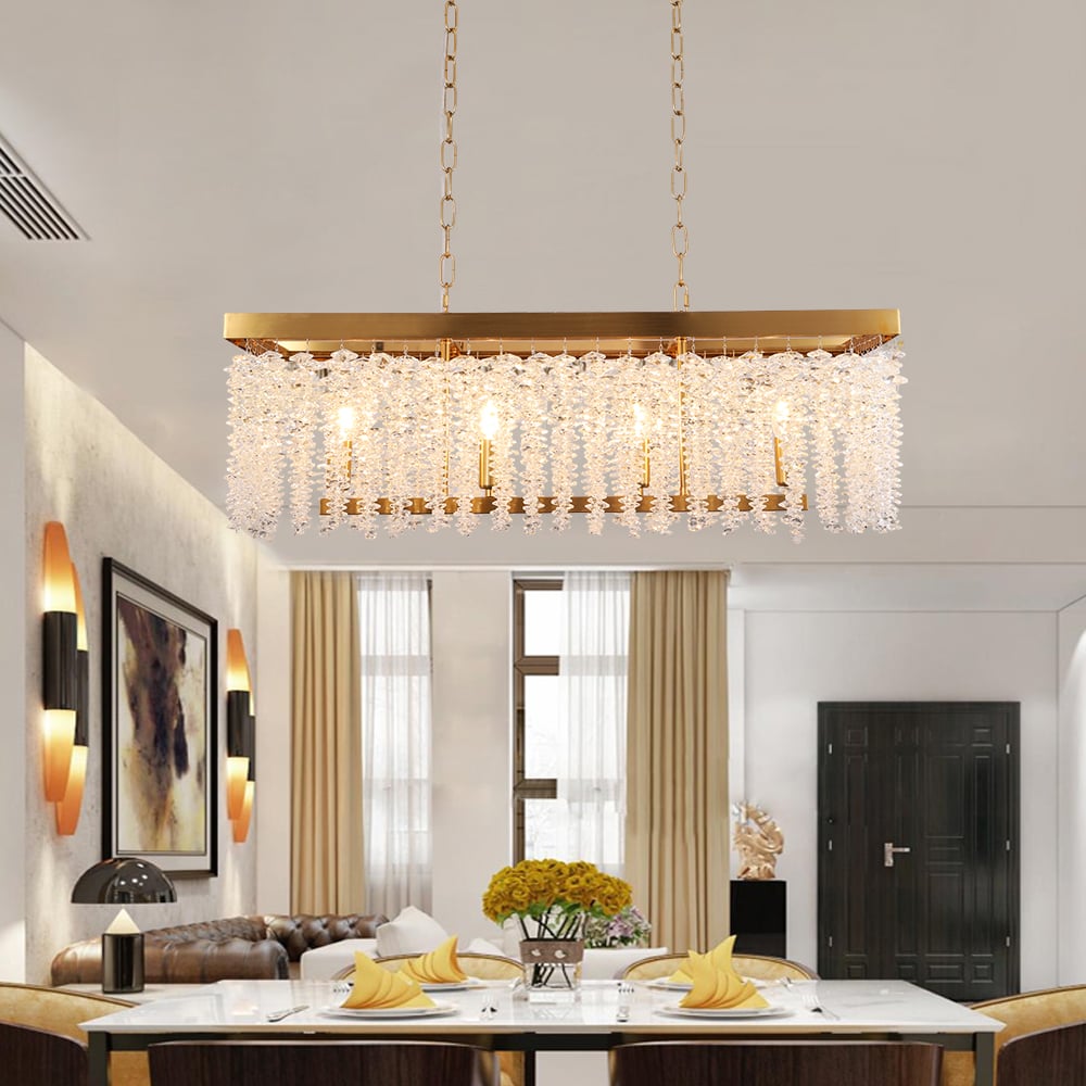 HMR - 4-Light Modern Rectangle Crystal Chandelier Gold Pendant Light Kitchen Dining Room